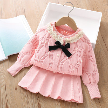 Solid Color Beaded Bow Knitted Cardigan Two-piece Set