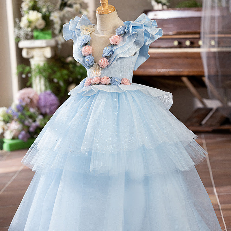 Girls Birthday Princess Dress Girls Blue Elegant Party Dress