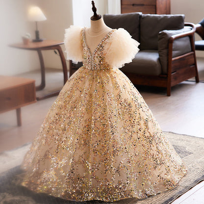 Luxurious Baby Girl Dress Children Pageant Gold Sequin Birthday Princess Dress