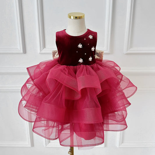 Girls Wine Red Velvet Dress Luxury Cake Dress Toddler Birthday Dress