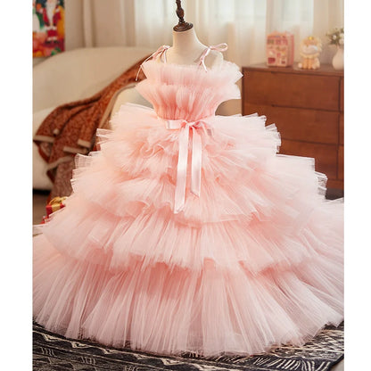 Pink Girls Dress with Train Christmas Flower Girl Dress