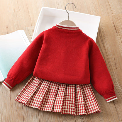 Girls Knitted Cardigan Plaid Skirt Sweater Two-piece Set