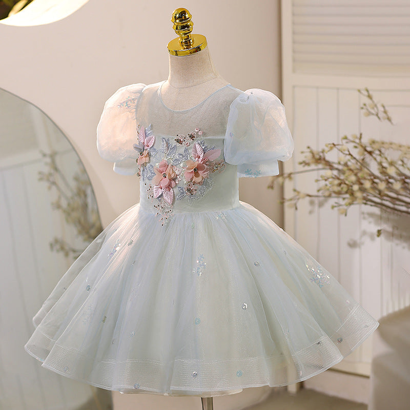 Girls Blue Dress Flower Little Girl Princess Dress