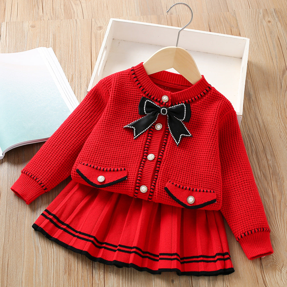 Girls Knitted Long-sleeved Bow Sweater Two-piece Set