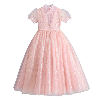 Sweet Baby Girls Pink Puff Sleeve Piano Performance Clothes Puffy Gauze Skirt Toddler Flower Girl Dress