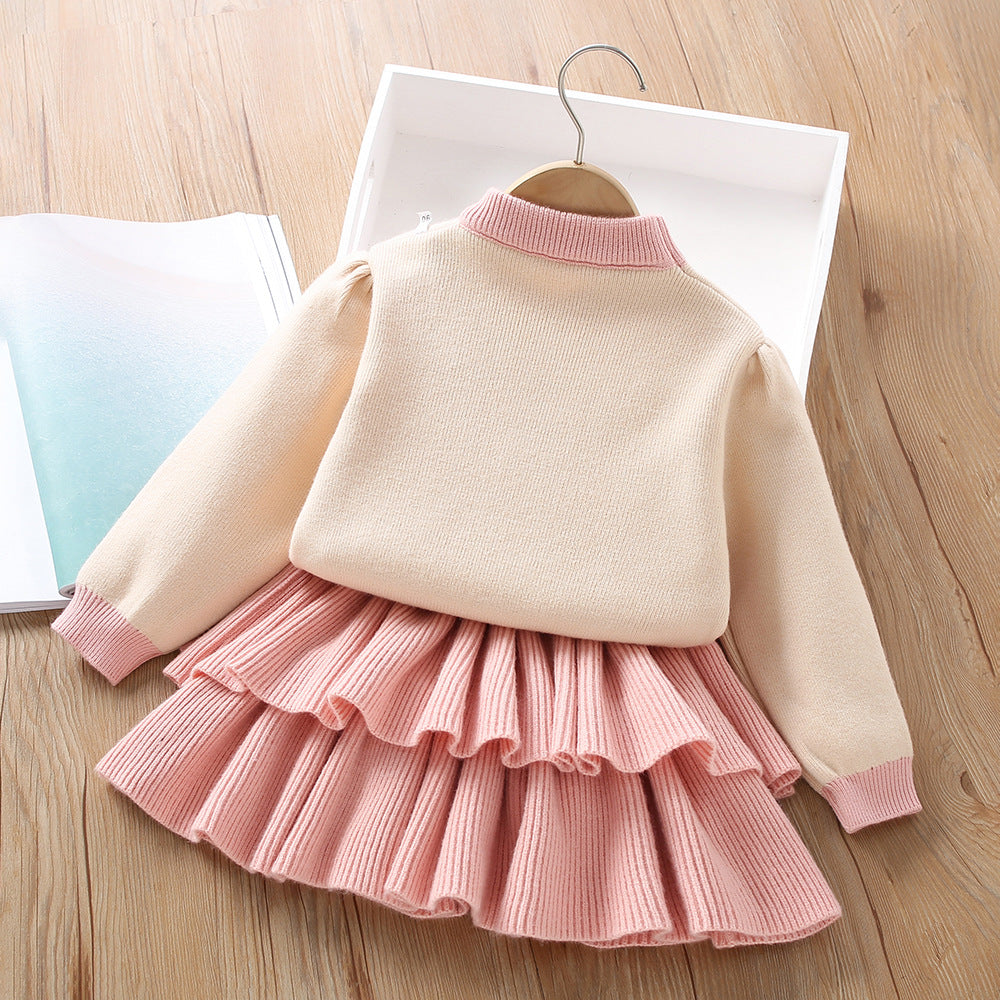 Solid Color Heart Knitted Long-sleeved Cake Skirt Two-piece Set