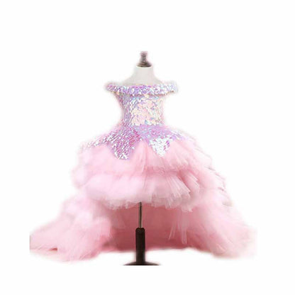 Elegant Baby Girls Pink One Shoulder Sequin Short Tail Princess Dress Princess First Year Dress