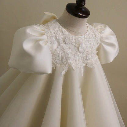 Elegant Baby Girls White Patterned Puff Sleeve Birthday Dress Toddler Prom Dress