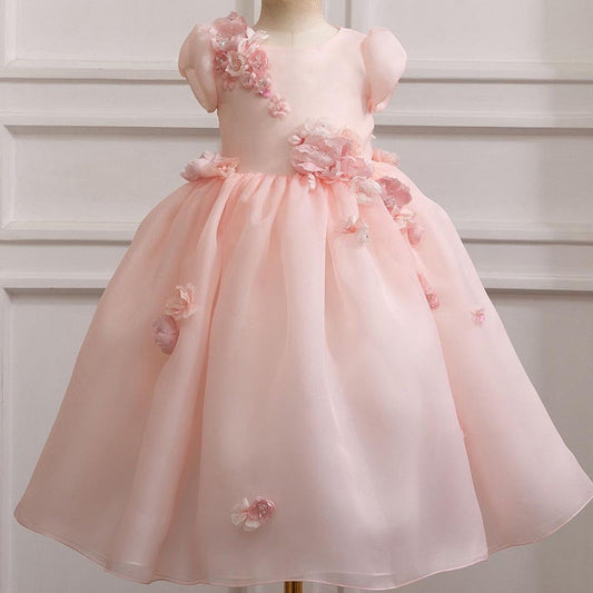 Elegant Baby Pink Puff Sleeve Princess Dress Toddler's First Birthday Flower Fluffy Dress