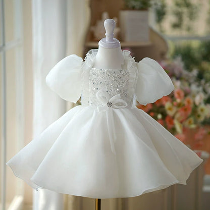 Elegant Baby White Sequin Puff Sleeve Mesh Princess Dress Toddler First Communion Dress