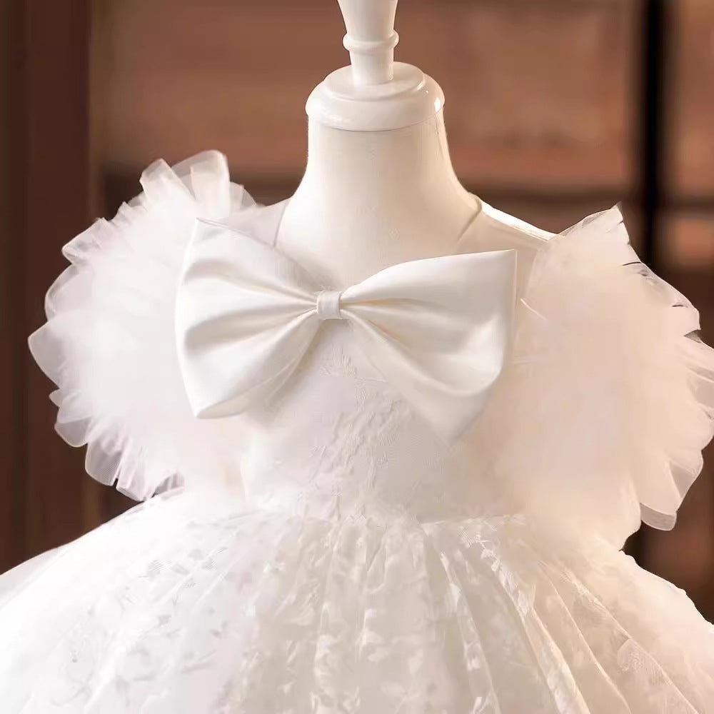 Elegant Baby White Bow Flying Sleeves Tulle Dress Toddler Formal Dresses