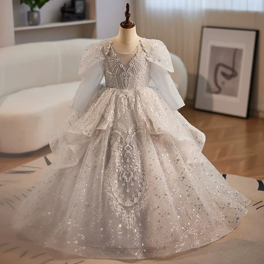 Elegant Baby Girls Jacquard Sequin Silver Long Sleeve Birthday Dress Toddler Pageant Dress