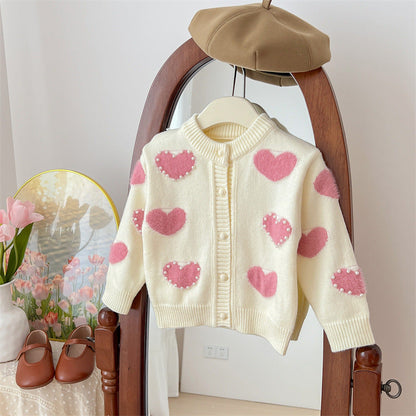 Girls' Love Hooded Knitted Cardigan