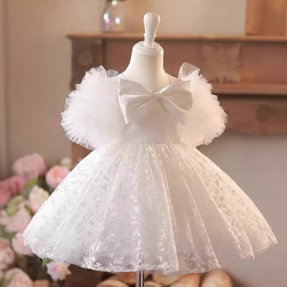 Elegant Baby White Bow Flying Sleeves Tulle Dress Toddler Formal Dresses