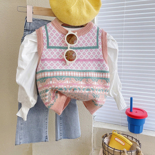 Sweet Girls Knitted Waistcoat Sweater Jeans Suit