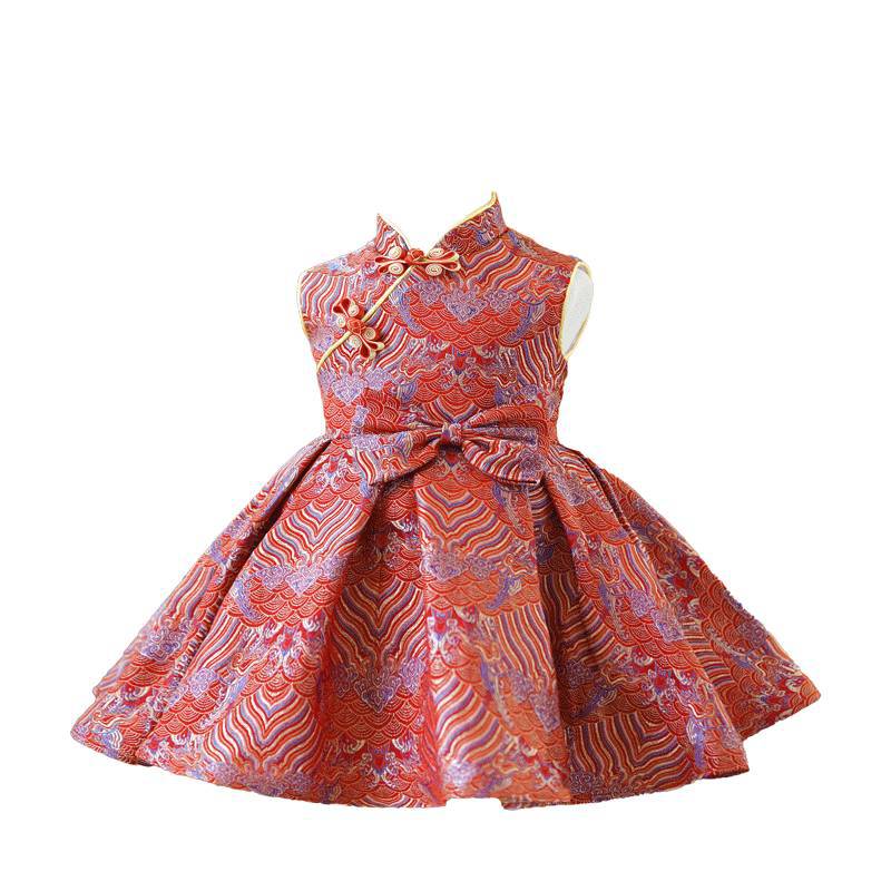 Elegant Baby Girls Red Pattern Shawl Dress Toddler Birthday Dresses New Chinese Style Birthday Princess Dress