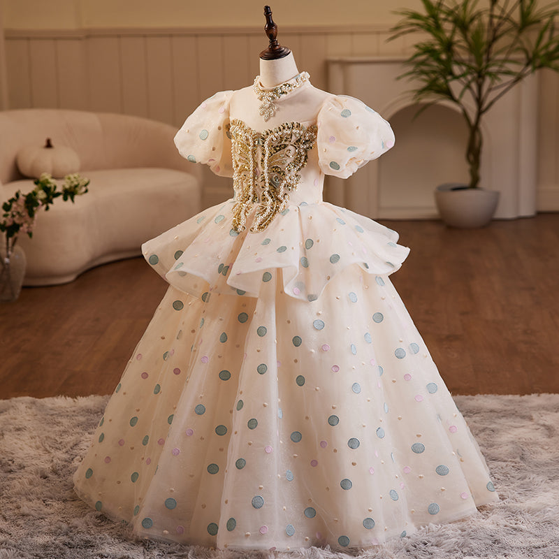 Flower Girl Dress Children Communion Summer Polka Dot Beaded Sequin Fluffy Baptism Princess Dress