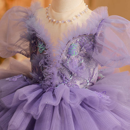 Flower Girl Dress Children Formal Pageant Purple Flower Fluffy Cute Princess Dress