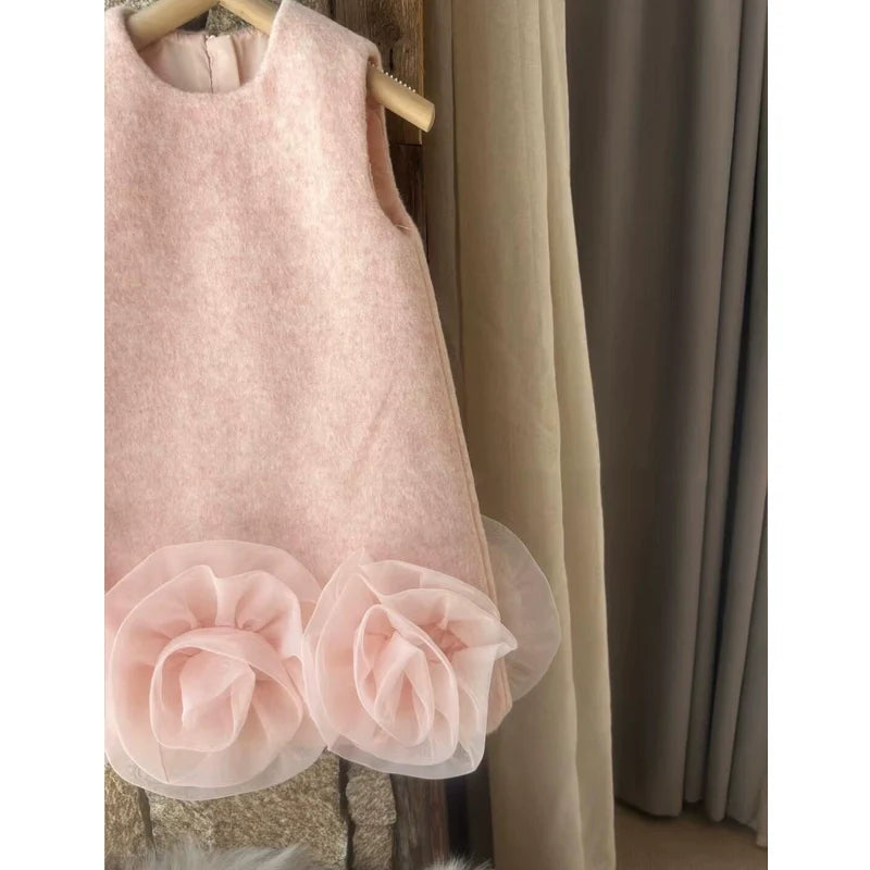 Girls Princess Dress Children's Flower Woolen Vest Dress