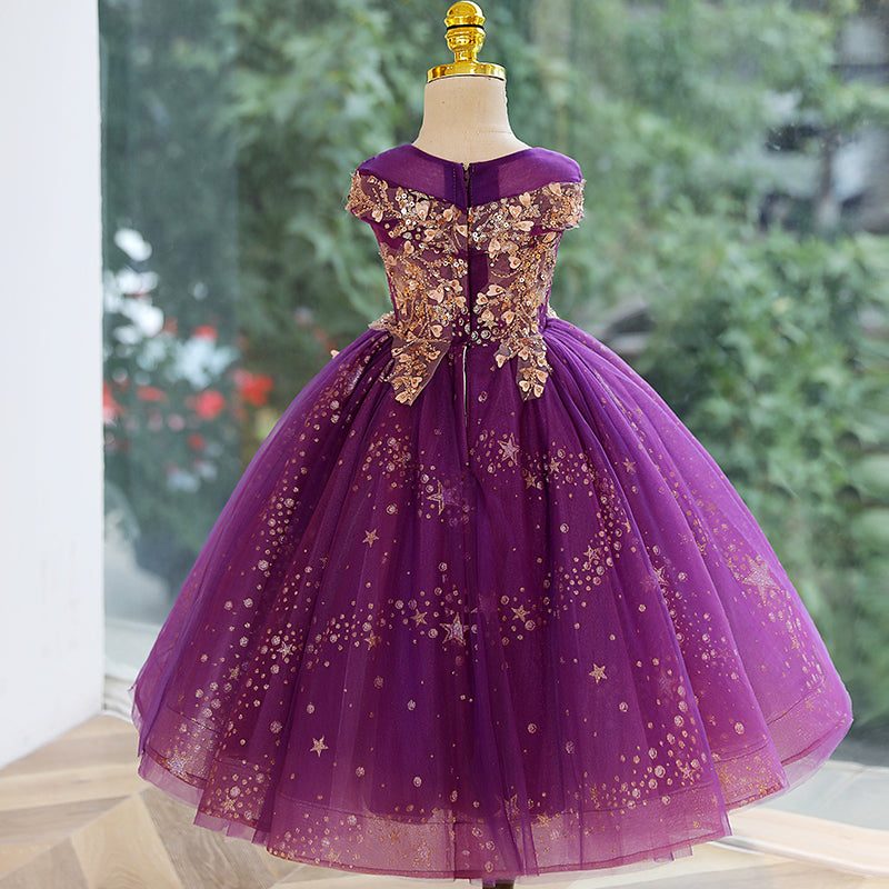 Toddler Ball Gowns Girl Summer Princess Dress Purple Sequin Fluffy Dress