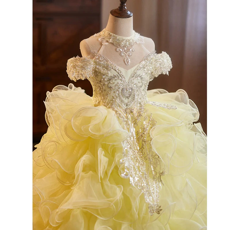 Girls Pageant Dresses Children's Yellow Sequined Princess Dress