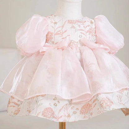 Elegant Baby Pink Puff Sleeve Princess Dresses for Girls Toddler Birthday Costume Princess Dress