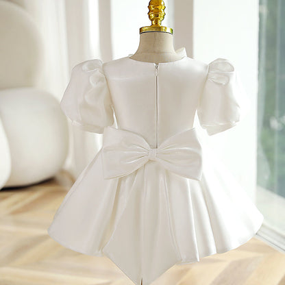 Flower Girl Dress Toddler Summer Princess Party Dress White Textured Bow Baptism Dress