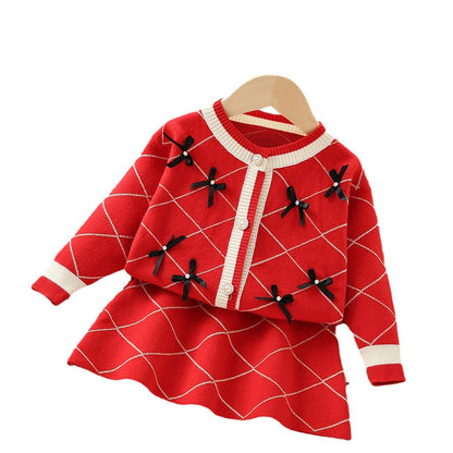 Girls Bow Knitted Long Sleeve Pullover Two-piece Set