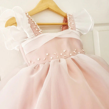 Elegant Baby Girls Butterfly Sleeve Pearl Pink Performance Dress Dress Toddler Flower Girl Puff Princess Dress