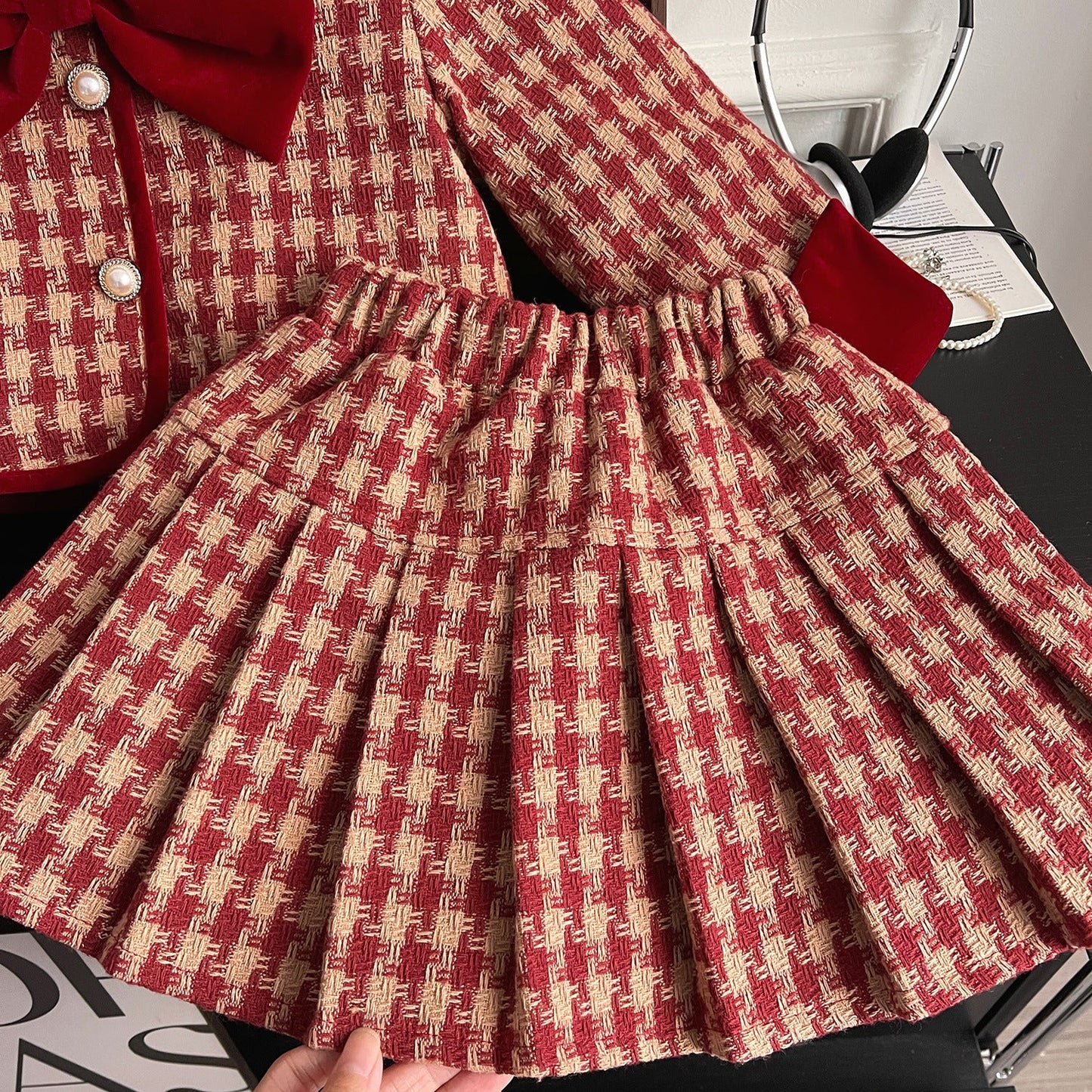 Winter Girls Red Plaid Bow Suit Toddler Two-piece Set