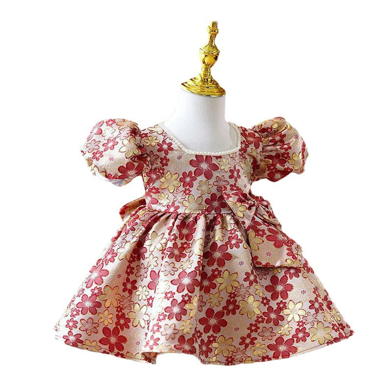 Elegant Baby Girls Red Floral Bow First Year Dress Girls Pageant Dresses