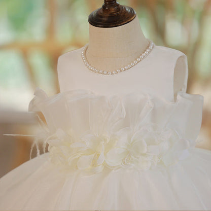 Girls Sleeveless Birthday Dress White Princess Tulle Dress