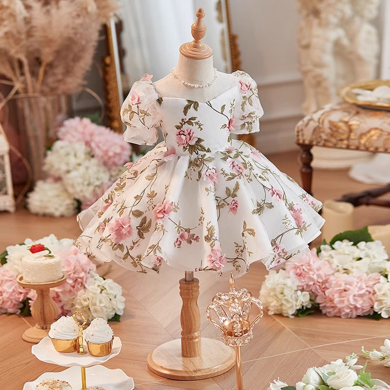 Elegant Baby Mesh Puff Sleeves Floral Birthday Party Dress Toddler First Communion Dress