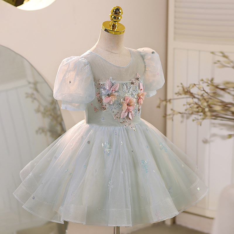 Girls Blue Dress Flower Little Girl Princess Dress