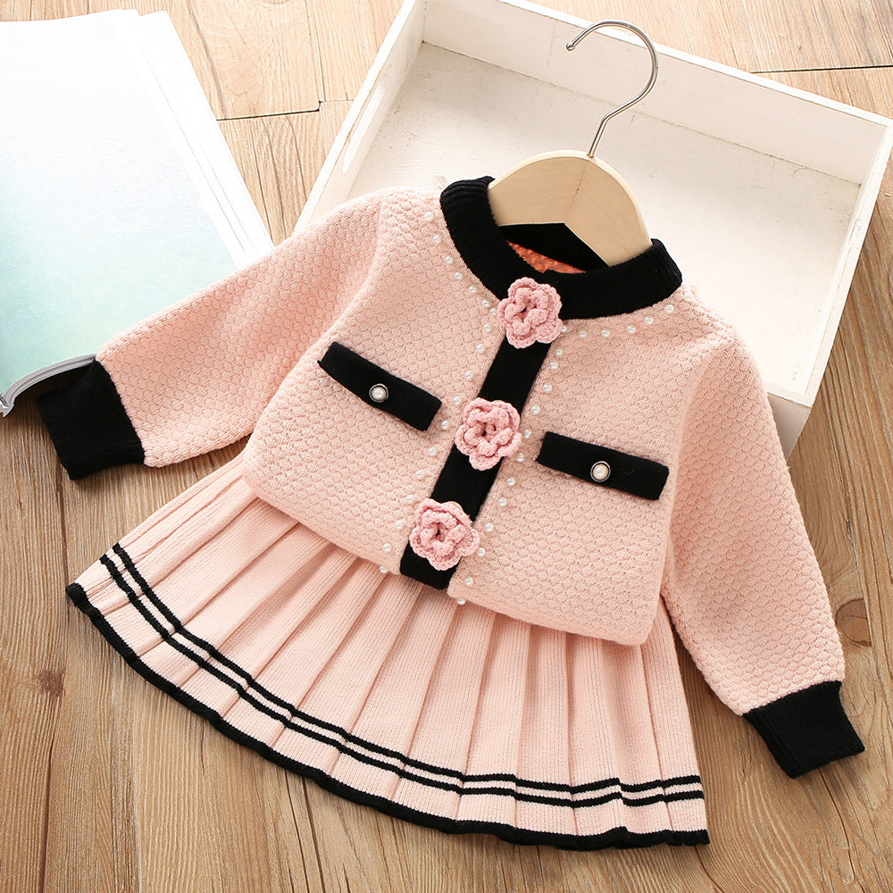 Three-dimensional Flower Knitted Sweater Two-piece Set