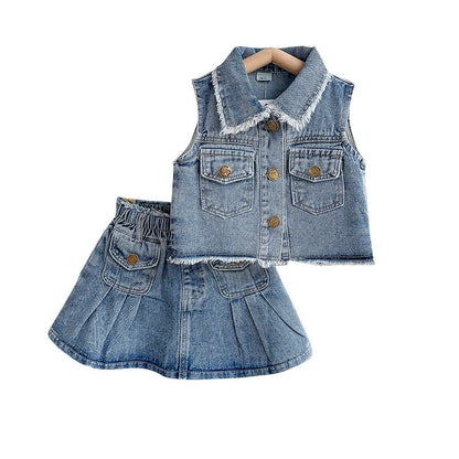 Girls Summer Suit Set Denim Pleated Skirt Two-piece Set