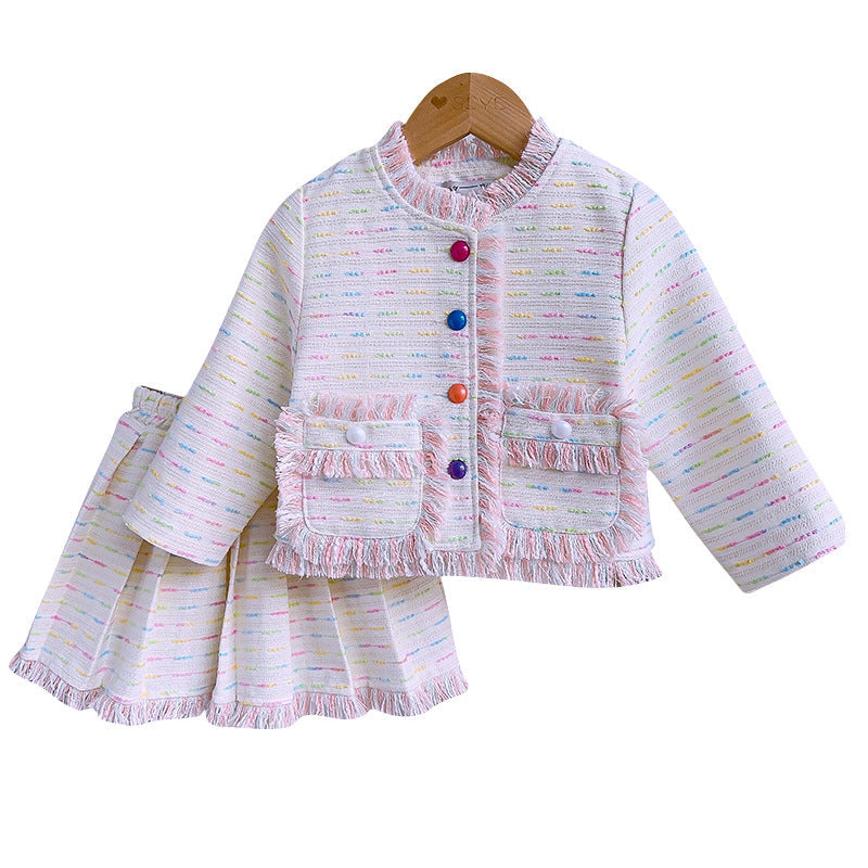 Sweet Baby Girl Lace Long-sleeved Jacket Top Pleated Skirt Two-piece Set