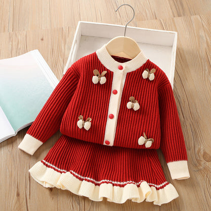 Girls Sweater Set Solid Color Knitted Two Piece Set