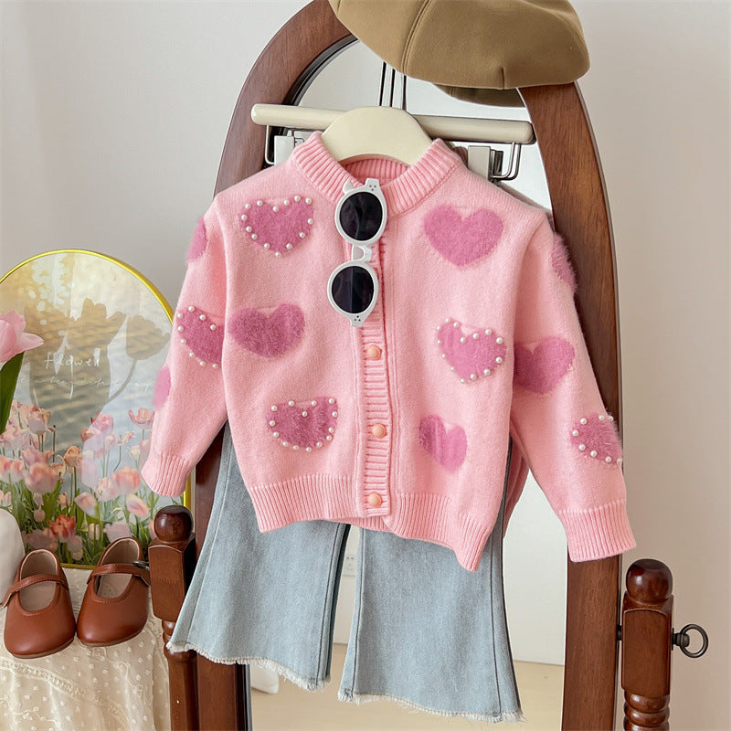 Girls' Love Hooded Knitted Cardigan