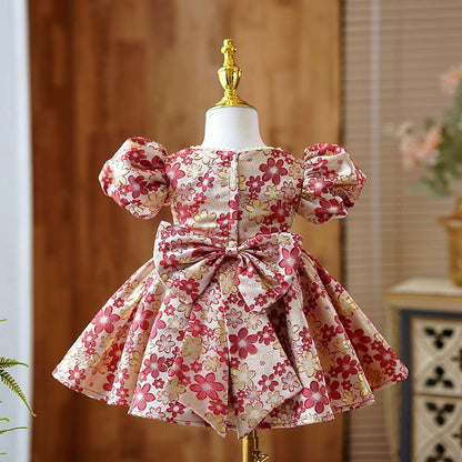 Elegant Baby Girls Red Floral Bow First Year Dress Girls Pageant Dresses