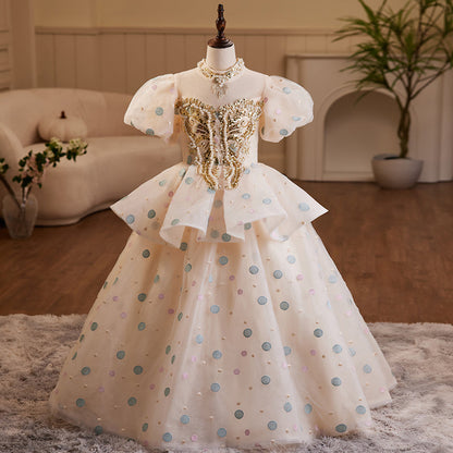 Flower Girl Dress Children Communion Summer Polka Dot Beaded Sequin Fluffy Baptism Princess Dress