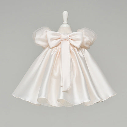 Elegant Baby Girls White Satin Puff Princess Dress Toddler Communion Dress