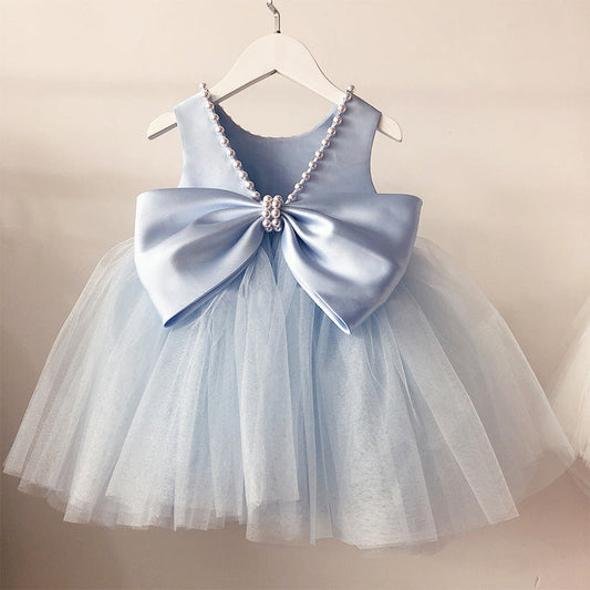 Summer  Baby Flower Girl Blue V-neck Dress Toddler Birthday Party Dress