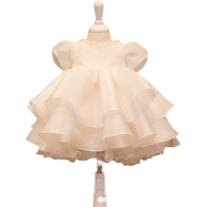 Sweet Baby Girls White Puff Sleeve Mesh Pearl Princess Dress Toddler First Communion Dress