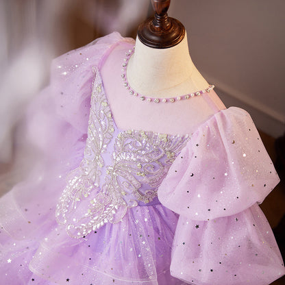 Flower Girl Dress Children Easter Dress Party Dress Purple Sequins Puffy Princess Communion Dress