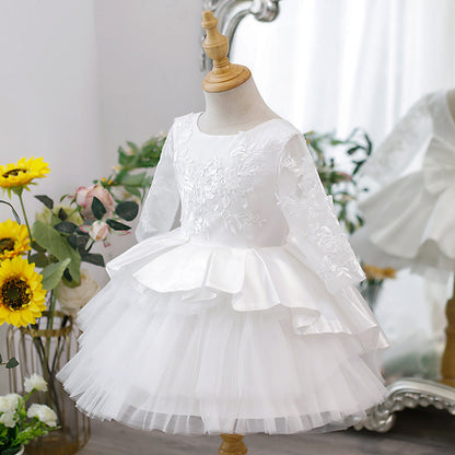 Elegant Baby Girls Patterned Lace White Princess Dress Toddler One Year Old Dress Puff Dress