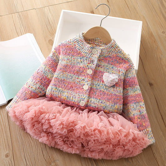 Girls Sweater Set Knitted Cardigan Tutu Skirt Princess Two-piece Set