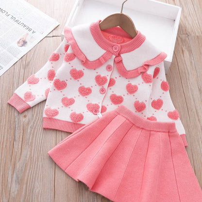 Girls Winter Sweater Knitted Love Dress  Children's Two-piece Dress