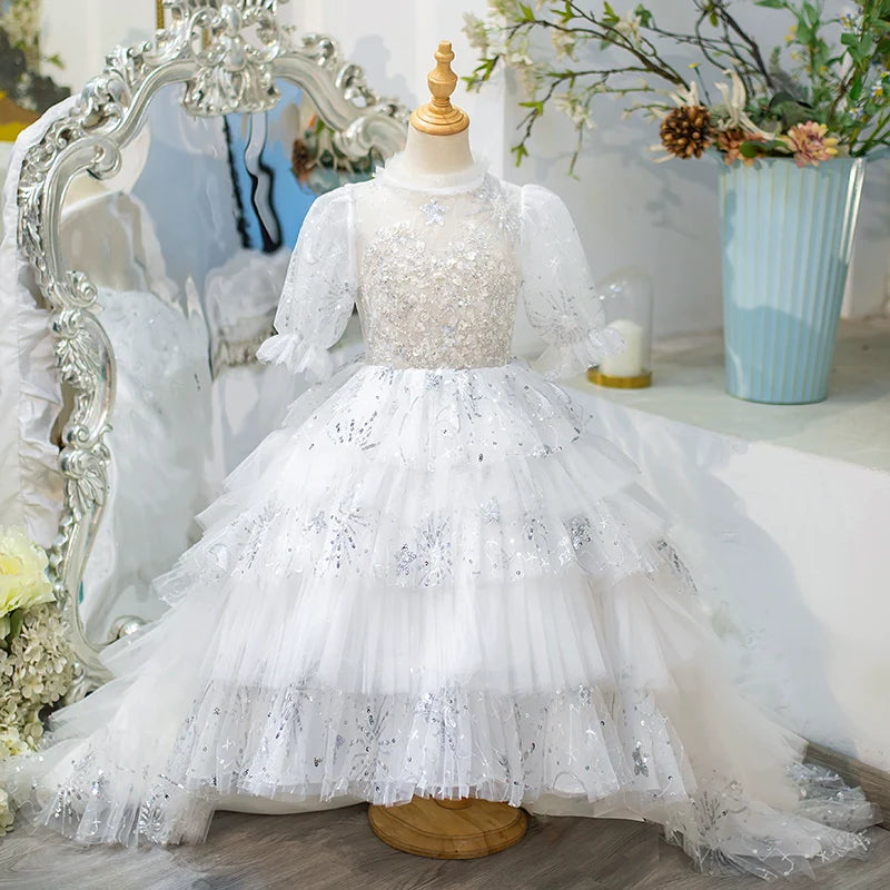 Elegant Baby Girls White Sequined Tutu Dress Toddler First Communion Dress