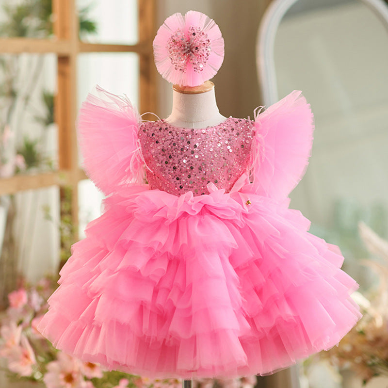 Elegant Girls Fluffy Sequined Dress Toddler Birthday Princess Dress